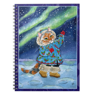 Cute cat, northern lights, winter Notebook