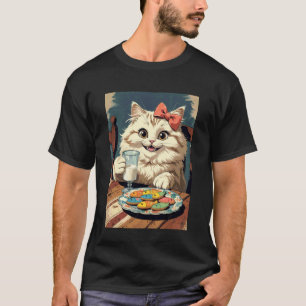 Cute Cat Novelty Tee, Sweet Cat With Milk & Cookie T-Shirt