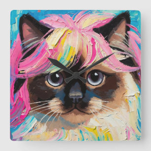 Cute Cat Oil Painting (#9) Square Wall Clock