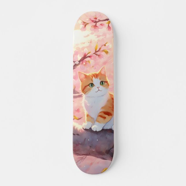 Cute Cat On A Cherry Blossom Tree Skateboard (Front)