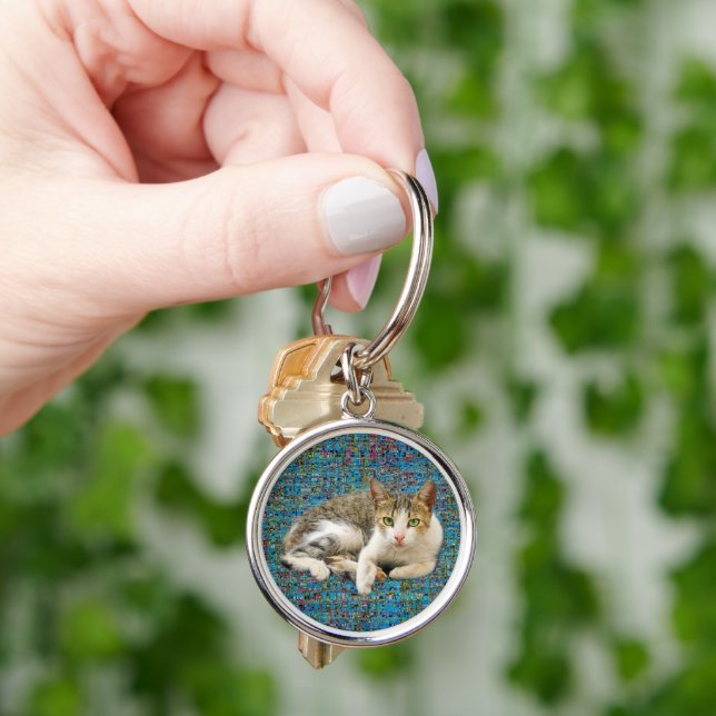 Cute cat on abstract background key ring (Hand)