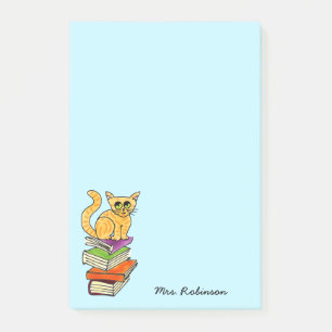 Cute Cat on Book Stack Teacher Name Aqua 4 x 6 Post-it Notes