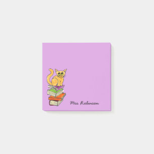 Cute Cat on Book Stack Teacher Name Purple 3 x 3 Post-it Notes