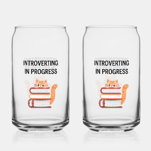 Cute Cat on Books "Introvert in Progress" Can Glass