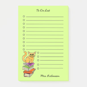 Cute Cat on Books Teacher To Do List Green 4 x 6 Post-it Notes