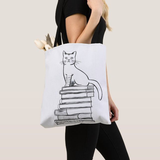 Cute Cat on Books Tote Bag (Close Up)