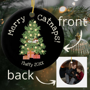 Cute Cat on Chistmas Tree Merry Catnaps! Black Ceramic Ornament