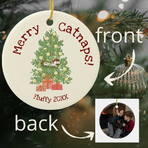 Cute Cat on Chistmas Tree Merry Catnaps! Ceramic Ornament