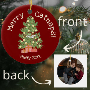 Cute Cat on Chistmas Tree Merry Catnaps! Red Ceramic Ornament