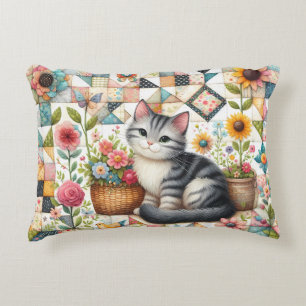 Cute Cat on Floral Quilt Cottagecore Art Decorative Cushion