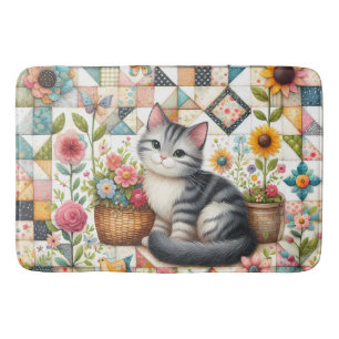 Cute Cat on Floral Quilt Cottagecore Bath Mat