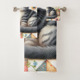Cute Cat on Floral Quilt Cottagecore Bath Towel Set