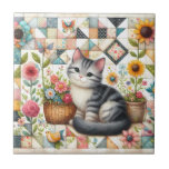 Cute Cat on Floral Quilt Cottagecore Ceramic Tile<br><div class="desc">A delightful gray tabby kitten sits sweetly among blooming flowers in this cozy, cottagecore-inspired design. The backdrop features a vibrant patchwork quilt filled with charming geometric patterns, soft pastels, and vintage textures that evoke feelings of warmth and nostalgia. Surrounding the kitten are blooming sunflowers, roses, and daisies, along with cheerful...</div>