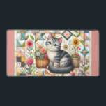 Cute Cat on Floral Quilt Cottagecore Desk Mat<br><div class="desc">A delightful gray tabby kitten sits sweetly among blooming flowers in this cozy, cottagecore-inspired design. The backdrop features a vibrant patchwork quilt filled with charming geometric patterns, soft pastels, and vintage textures that evoke feelings of warmth and nostalgia. Surrounding the kitten are blooming sunflowers, roses, and daisies, along with cheerful...</div>
