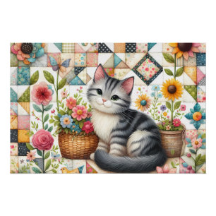 Cute Cat on Floral Quilt Cottagecore Poster
