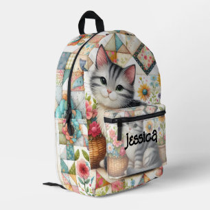 Cute Cat on Floral Quilt Cottagecore Printed Backpack