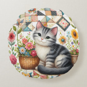 Cute Cat on Floral Quilt Cottagecore Round Cushion