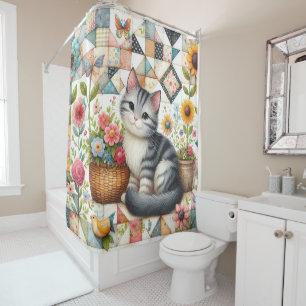 Cute Cat on Floral Quilt Cottagecore Shower Curtain