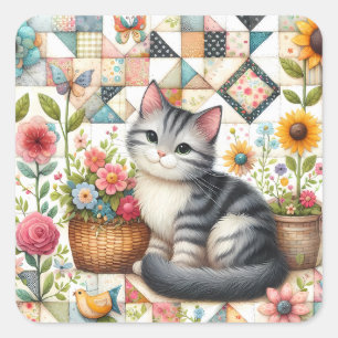 Cute Cat on Floral Quilt Cottagecore Square Sticker