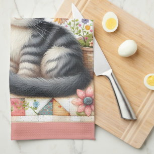 Cute Cat on Floral Quilt Cottagecore Tea Towel