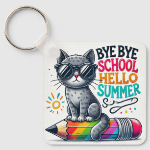 Cute Cat on Pencil Illustration Celebrating Summer Key Ring