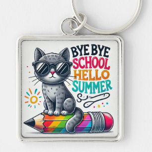 Cute Cat on Pencil Illustration Celebrating Summer Key Ring