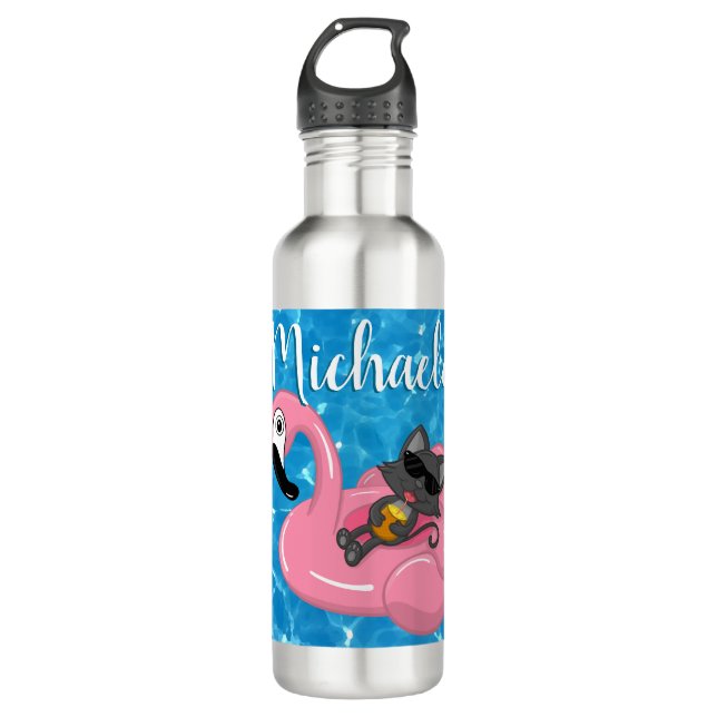 Cute Cat on Pink Flamingo Floatie Blue Name Funny 710 Ml Water Bottle (Front)