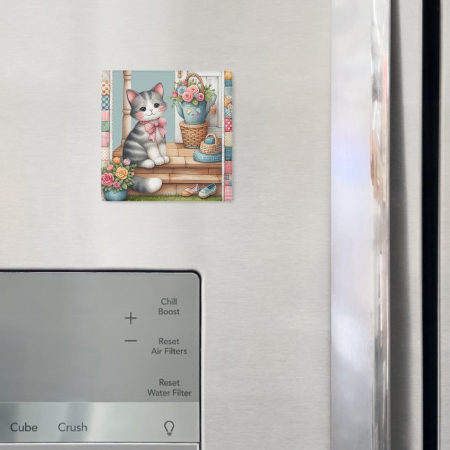 Cute Cat on Porch with Flowers & Patchwork Magnet (In Situ (Fridge))