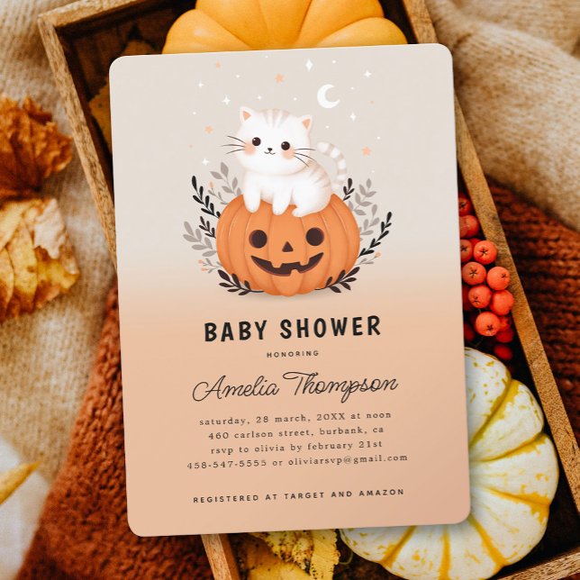 Cute Cat On Pumpkin Halloween Baby Shower Invitation (Creator Uploaded)