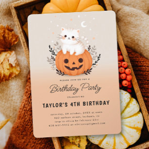 Cute Cat On Pumpkin Halloween  Kids Birthday Party Invitation