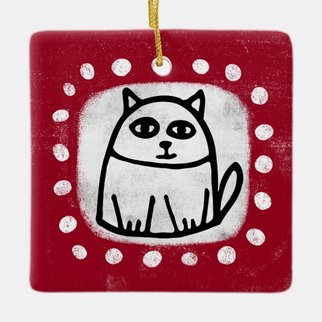 Cute Cat On Red Ornament (Front)