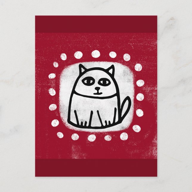 Cute Cat On Red Postcard (Front)