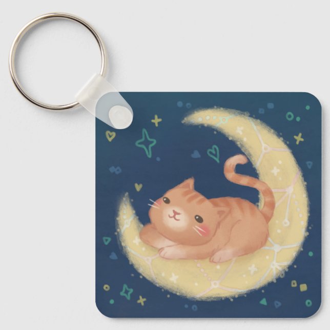 Cute Cat on the Moon Key Ring (Front)