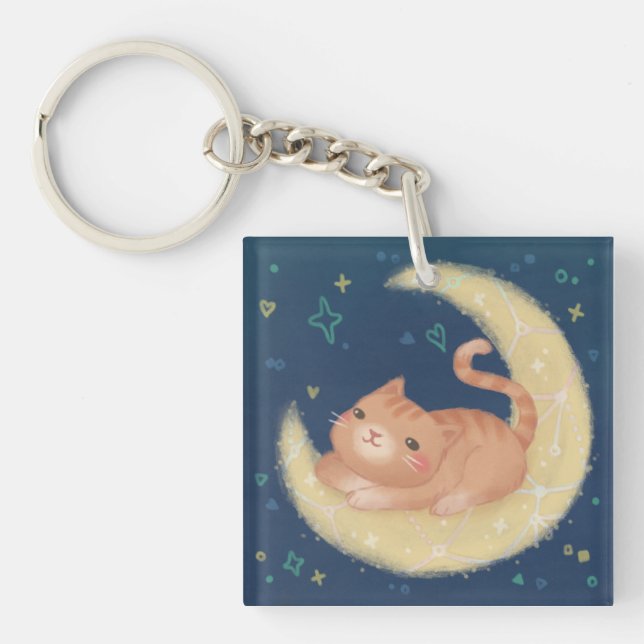 Cute Cat on the Moon Key Ring (Front)