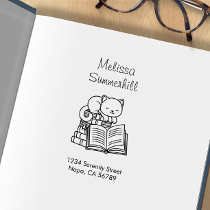 Cute Cat on top of A Book Stack Address Rubber Stamp