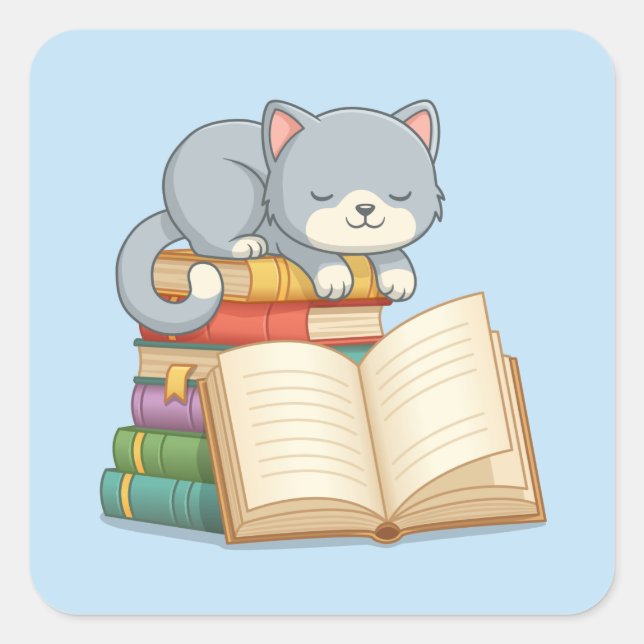 Cute Cat on top of a Book Stack Blue Square Sticker (Front)