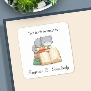Cute Cat on top of a Book Stack - Bookplate Square Sticker