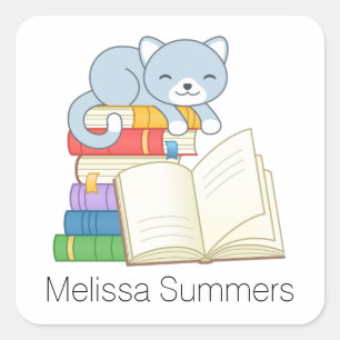 Cute Cat on top of a Book Stack Custom Name Square Sticker
