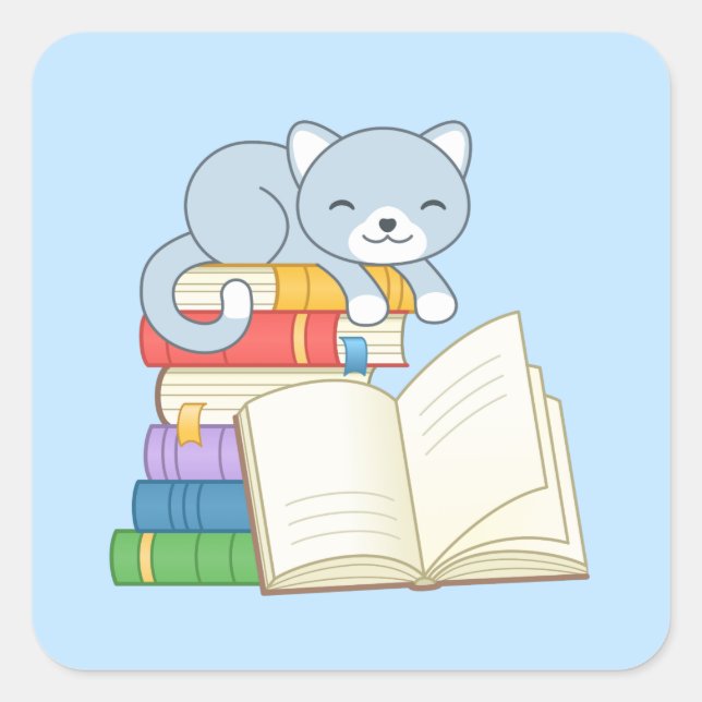 Cute Cat on top of a Book Stack on Blue Square Sticker (Front)