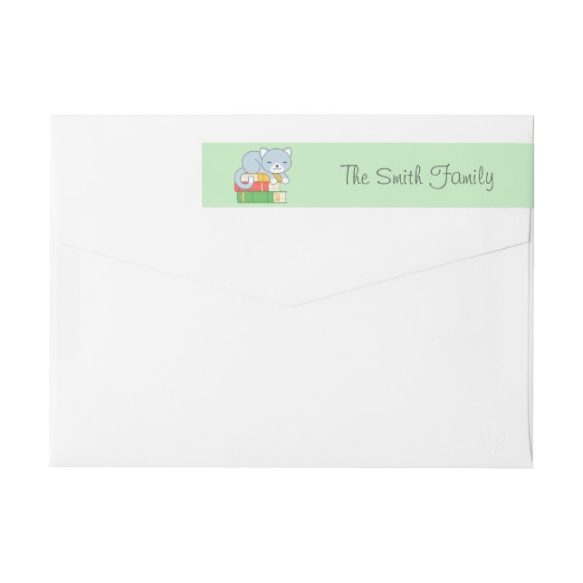 Cute Cat on top of a Book Stack on Green Wrap Around Label (Back)