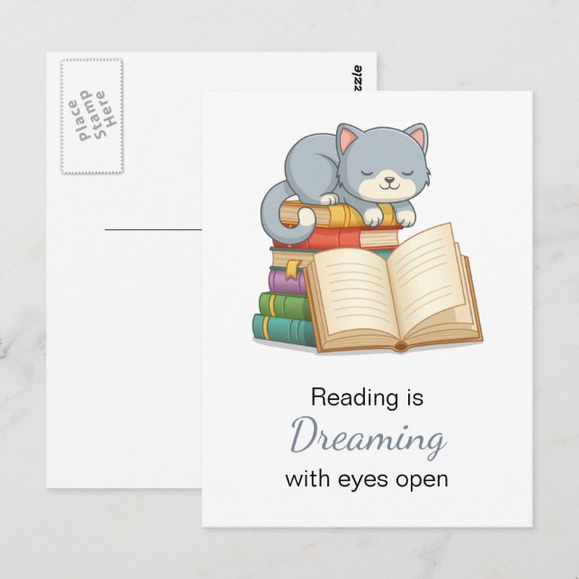 Cute Cat on top of a Book Stack Reading Quote Postcard (Front/Back)