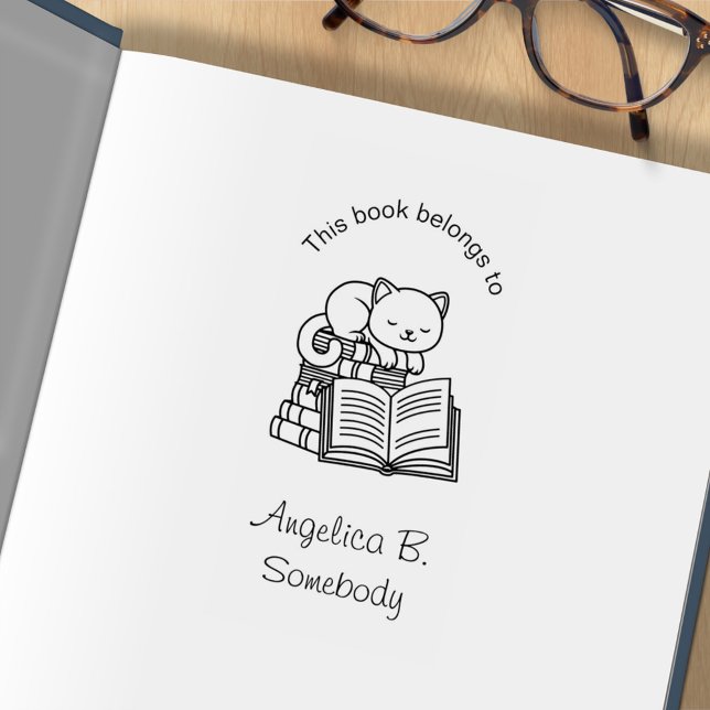 Cute Cat on top of Stack of Books - Bookplate Rubber Stamp (Creator Uploaded)