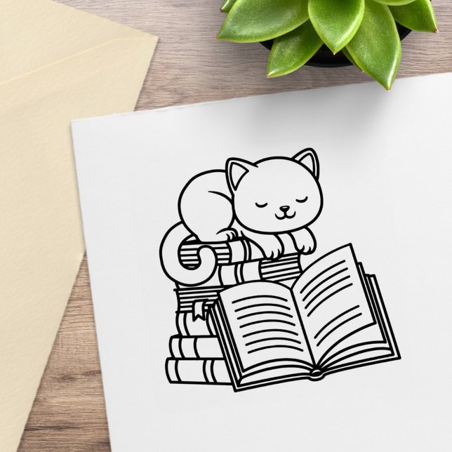 Cute Cat on top of Stack of Books - Bookplate Rubber Stamp (Creator Uploaded)