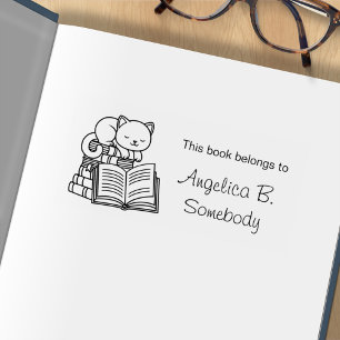 Cute Cat on top of Stack of Books - Bookplate Rubber Stamp