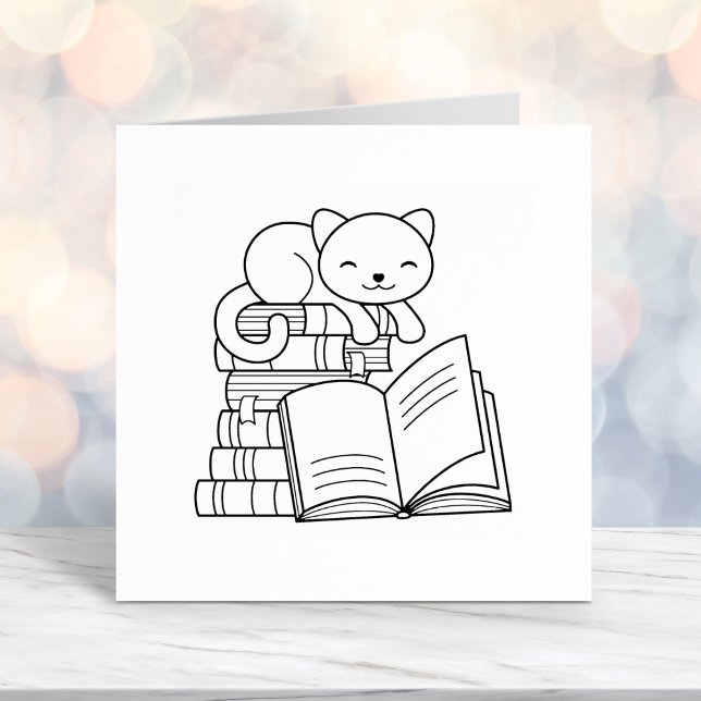Cute Cat on top of Stack of Books Self-inking Stamp (Creator Uploaded)