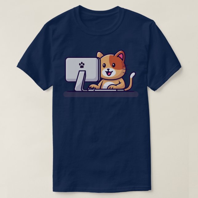 Cute Cat Operating Computer T-Shirt (Design Front)