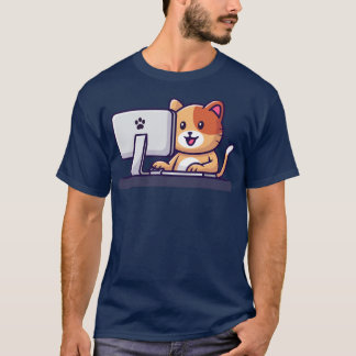 Cute Cat Operating Computer T-Shirt