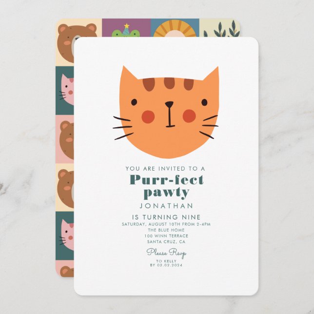 Cute Cat Orange Animals Birthday  Invitation (Front/Back)