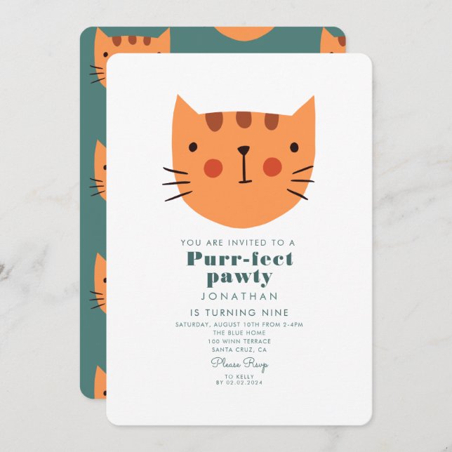 Cute Cat Orange Green Birthday Party  Invitation (Front/Back)
