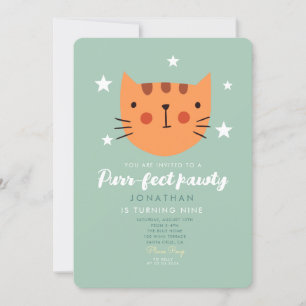 Cute Cat Orange Green Birthday Party  Invitation